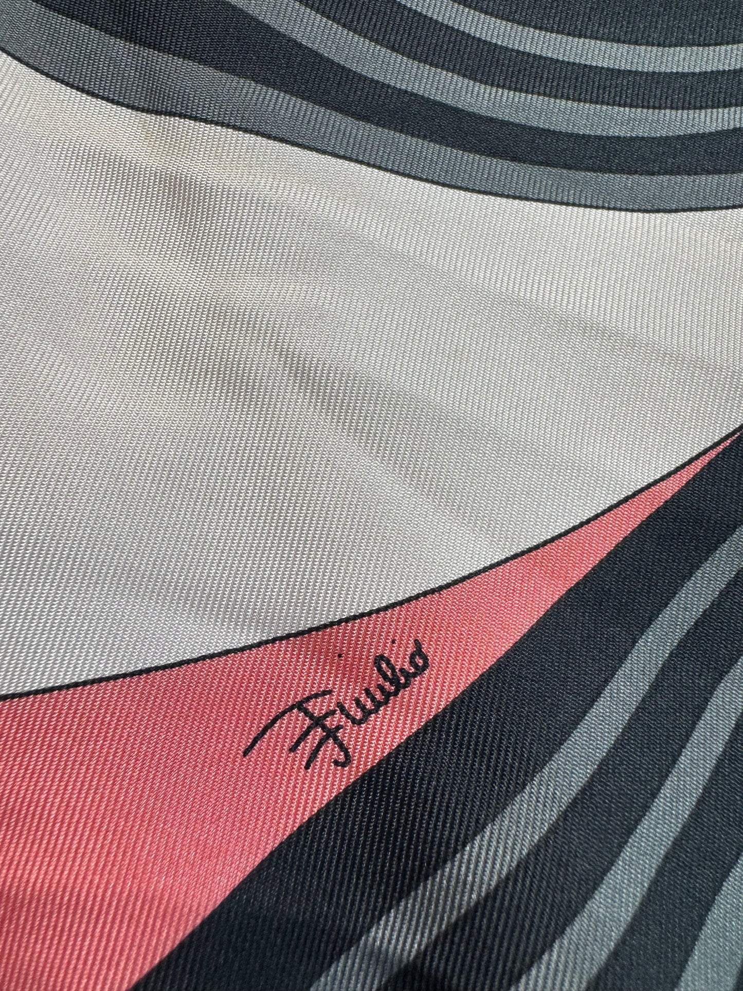 1970s 24” x 24” Emilio Pucci Silk Scarf – Abstract Coral & Navy Swirl