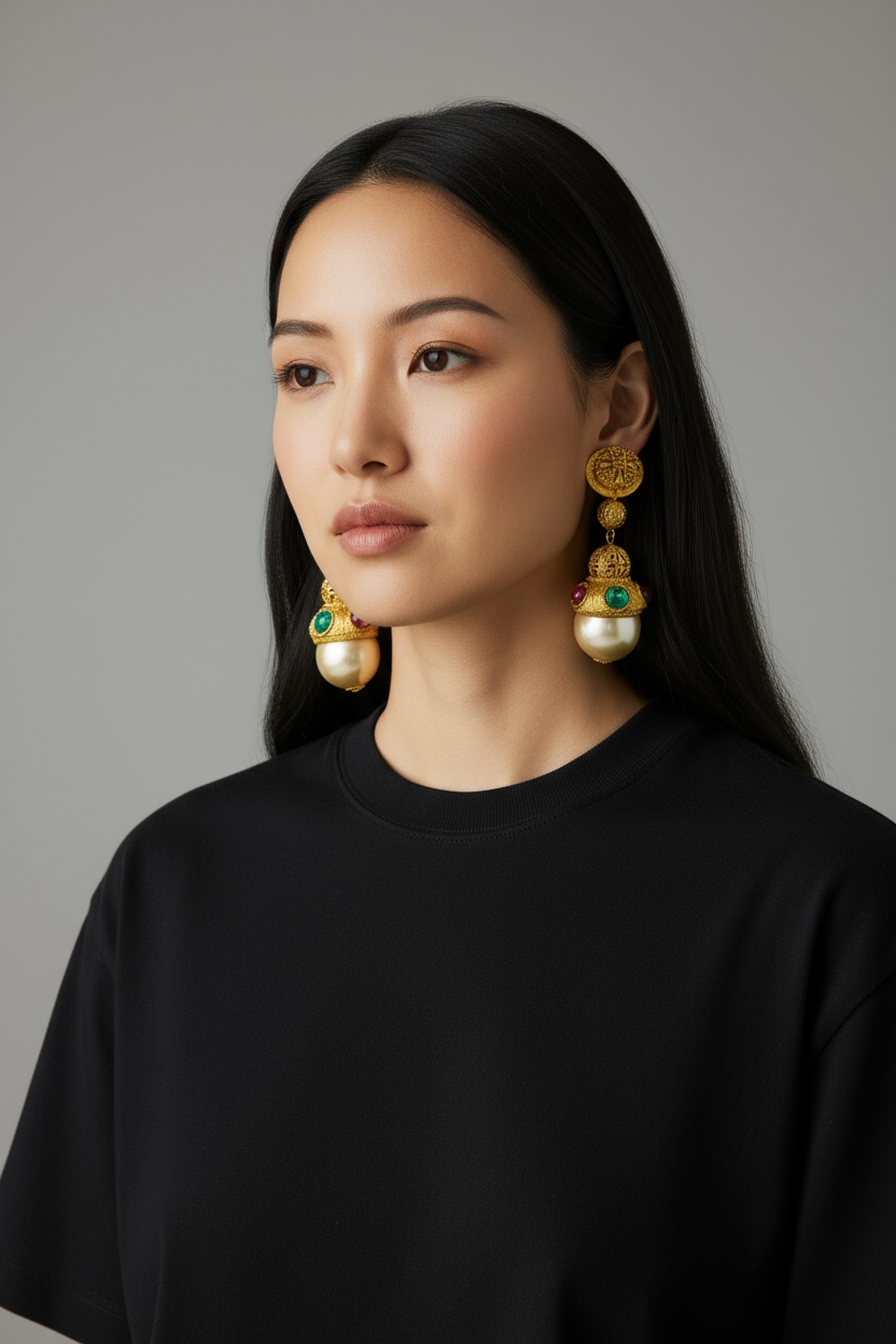 1960s Drop Earrings – Byzantine Gold Filigree with Jewel Accents & Faux Pearl Orbs