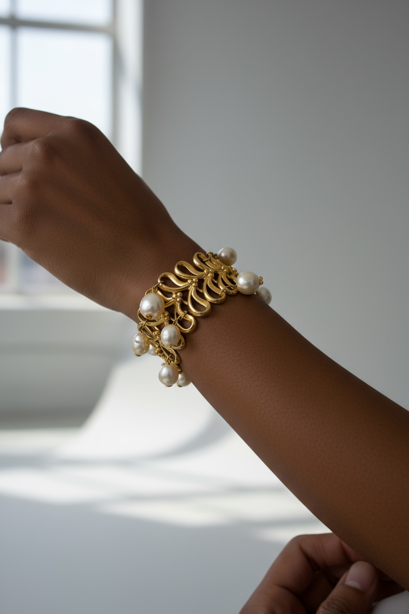 Vintage Gold-Tone Bracelet with Baroque Pearl Drops – Ornate Scrollwork Statement Design