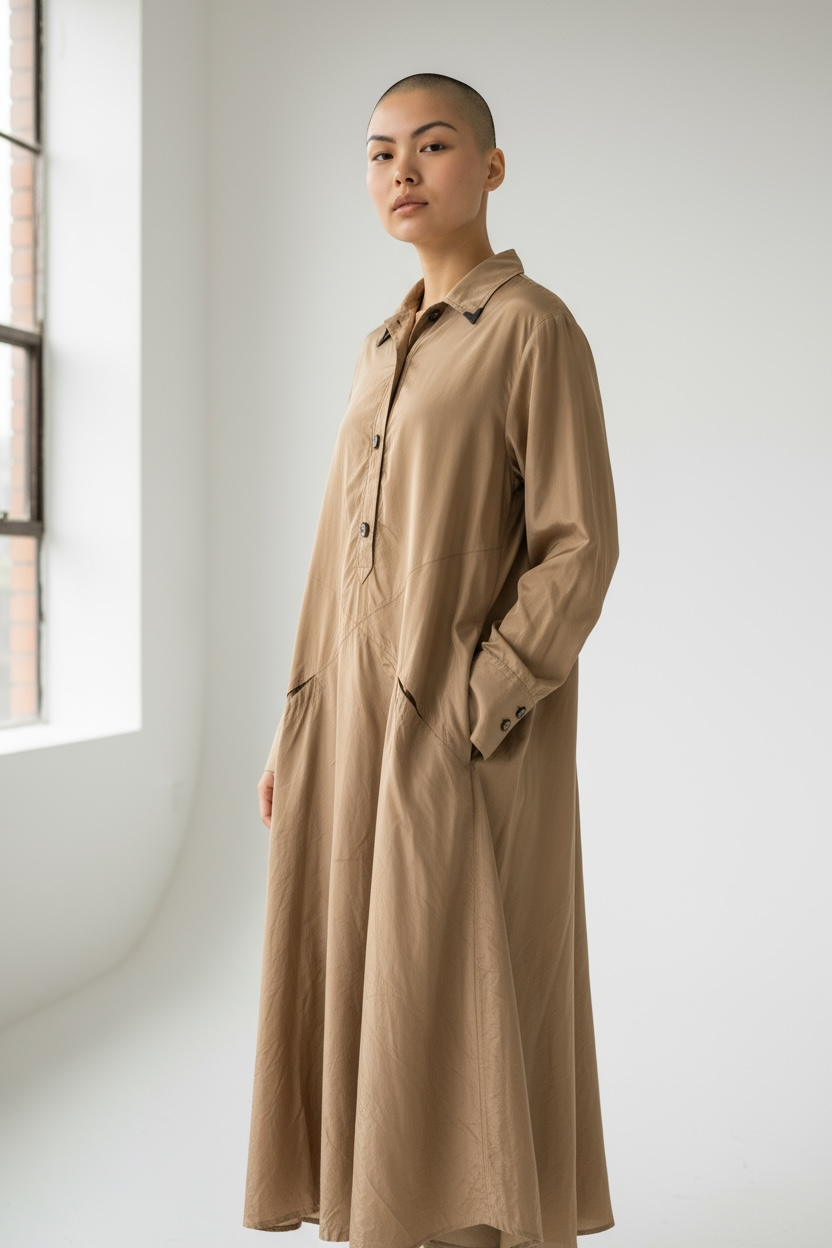 2000 Bottega Veneta Bronze-Taupe Satin Shirt Dress – Made in Italy