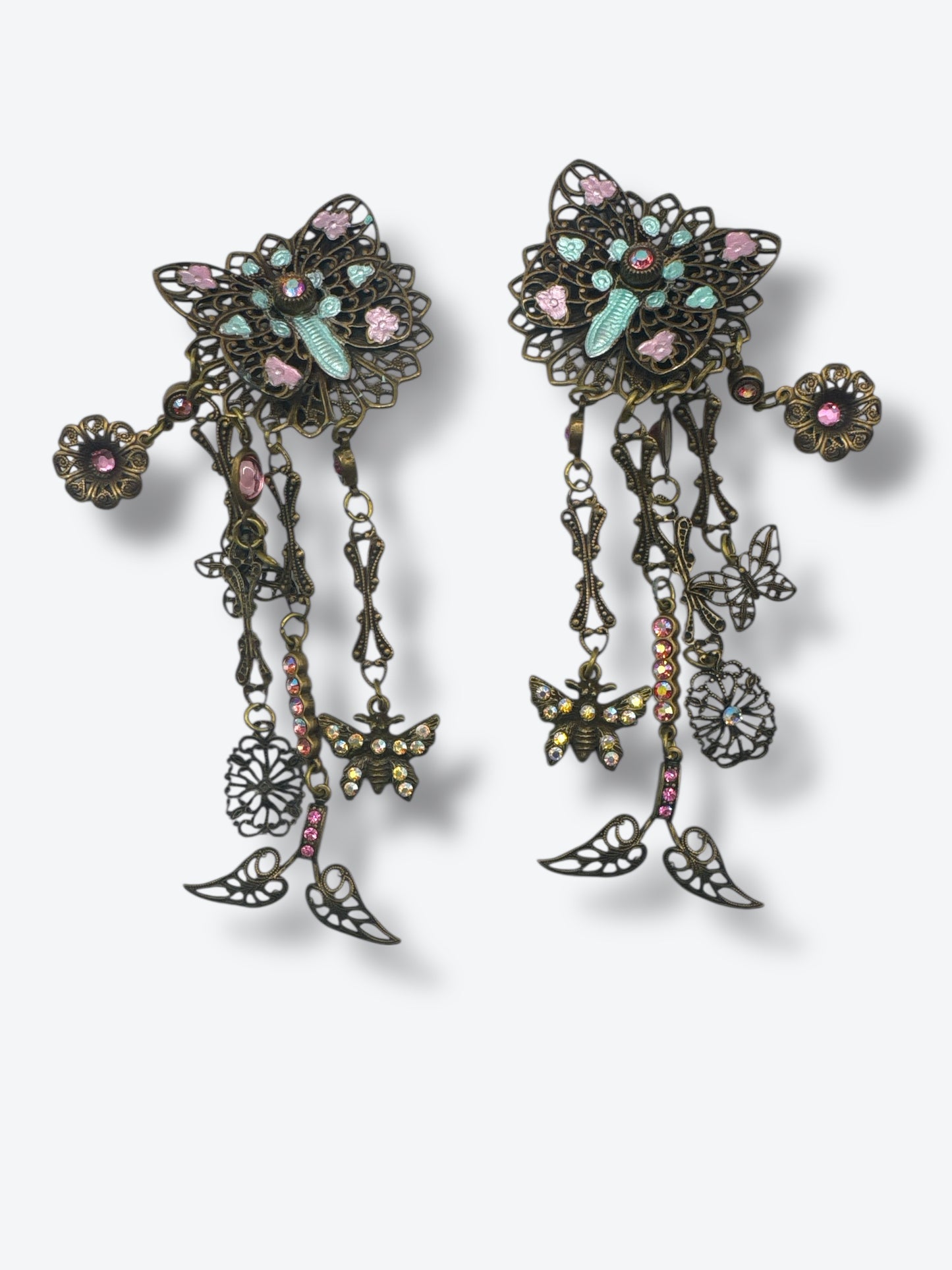 Vintage Bohemian Statement Earrings – Filigree Floral with Crystal Accents & Dangling Charms