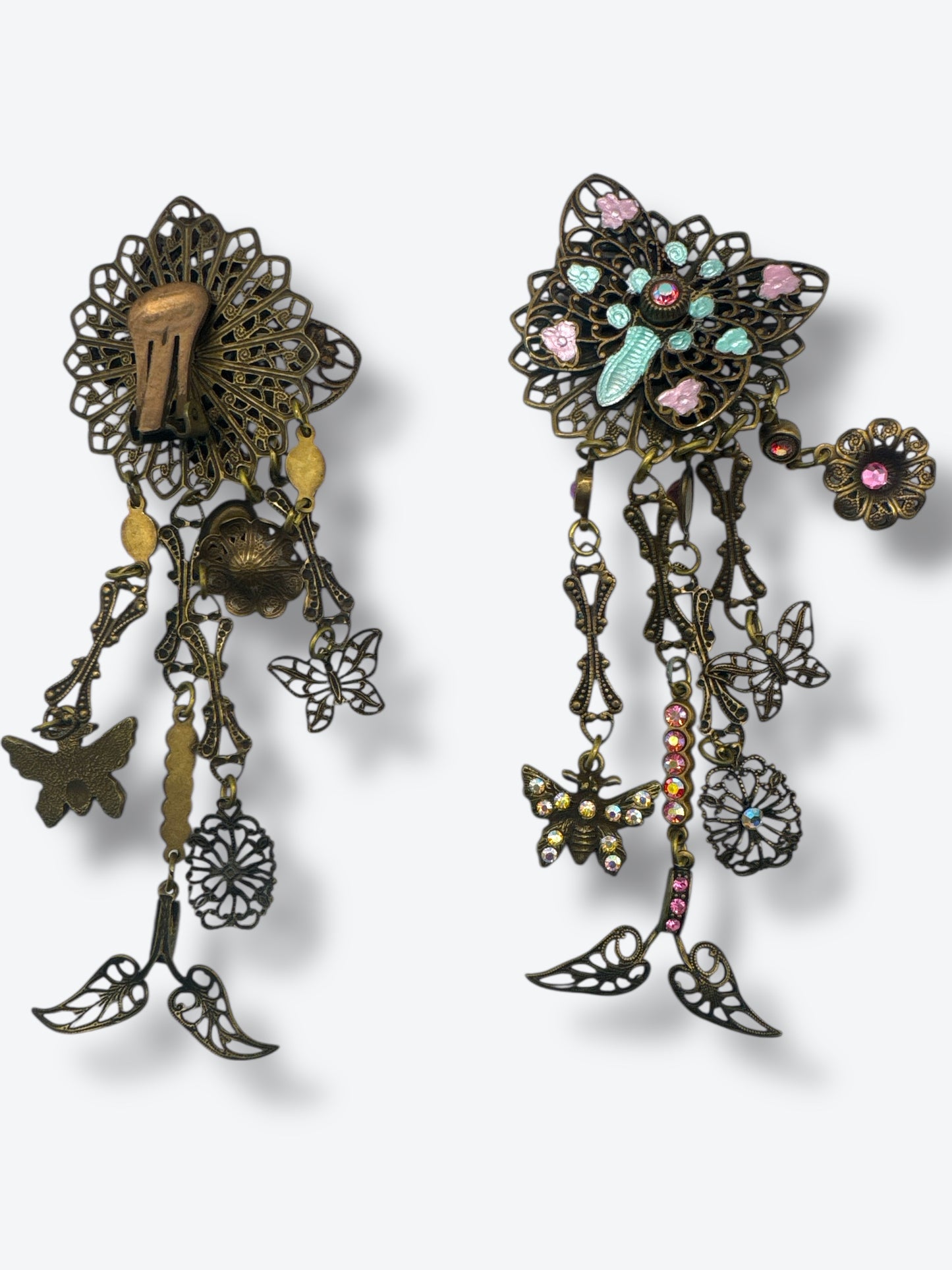 Vintage Bohemian Statement Earrings – Filigree Floral with Crystal Accents & Dangling Charms