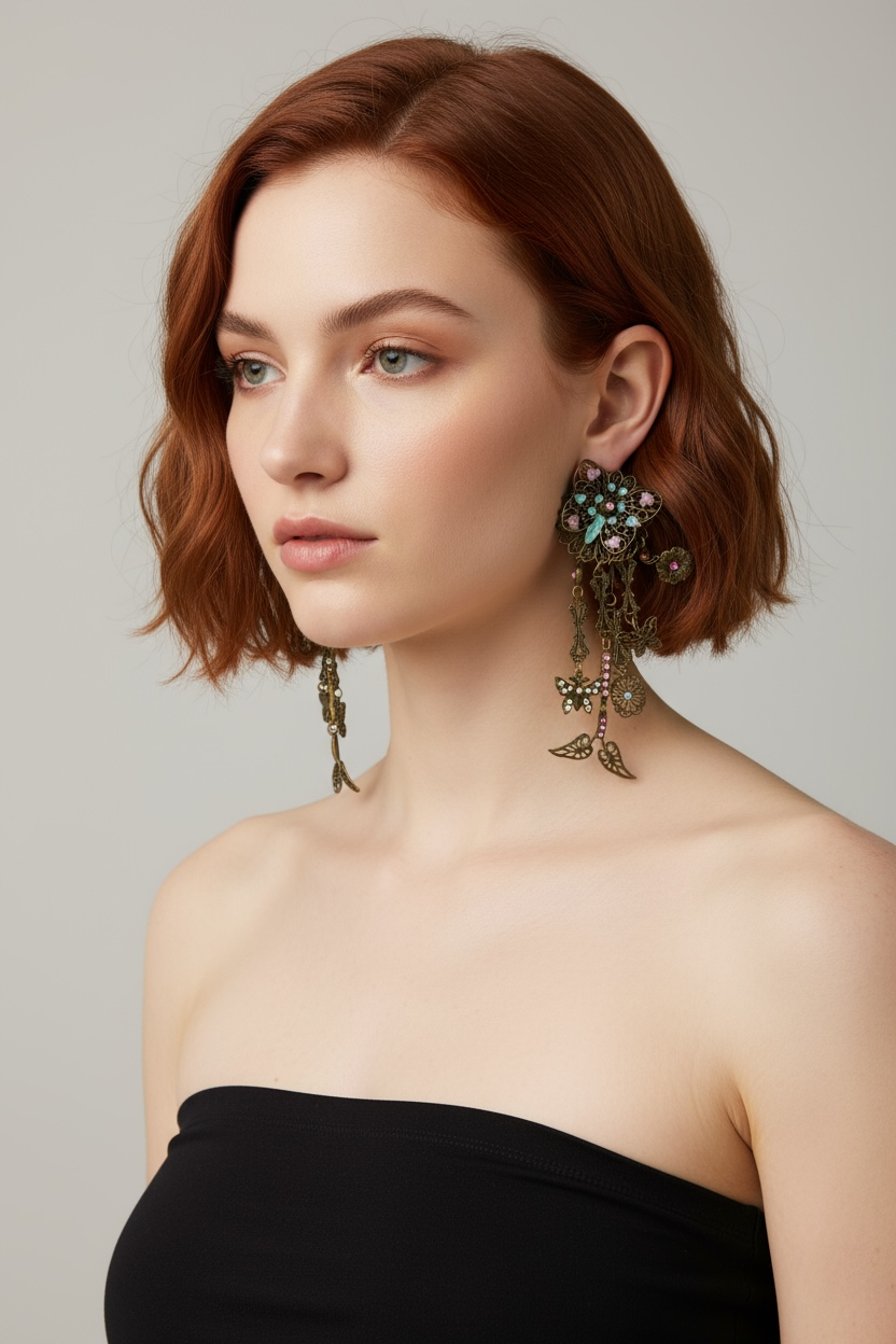 Vintage Bohemian Statement Earrings – Filigree Floral with Crystal Accents & Dangling Charms