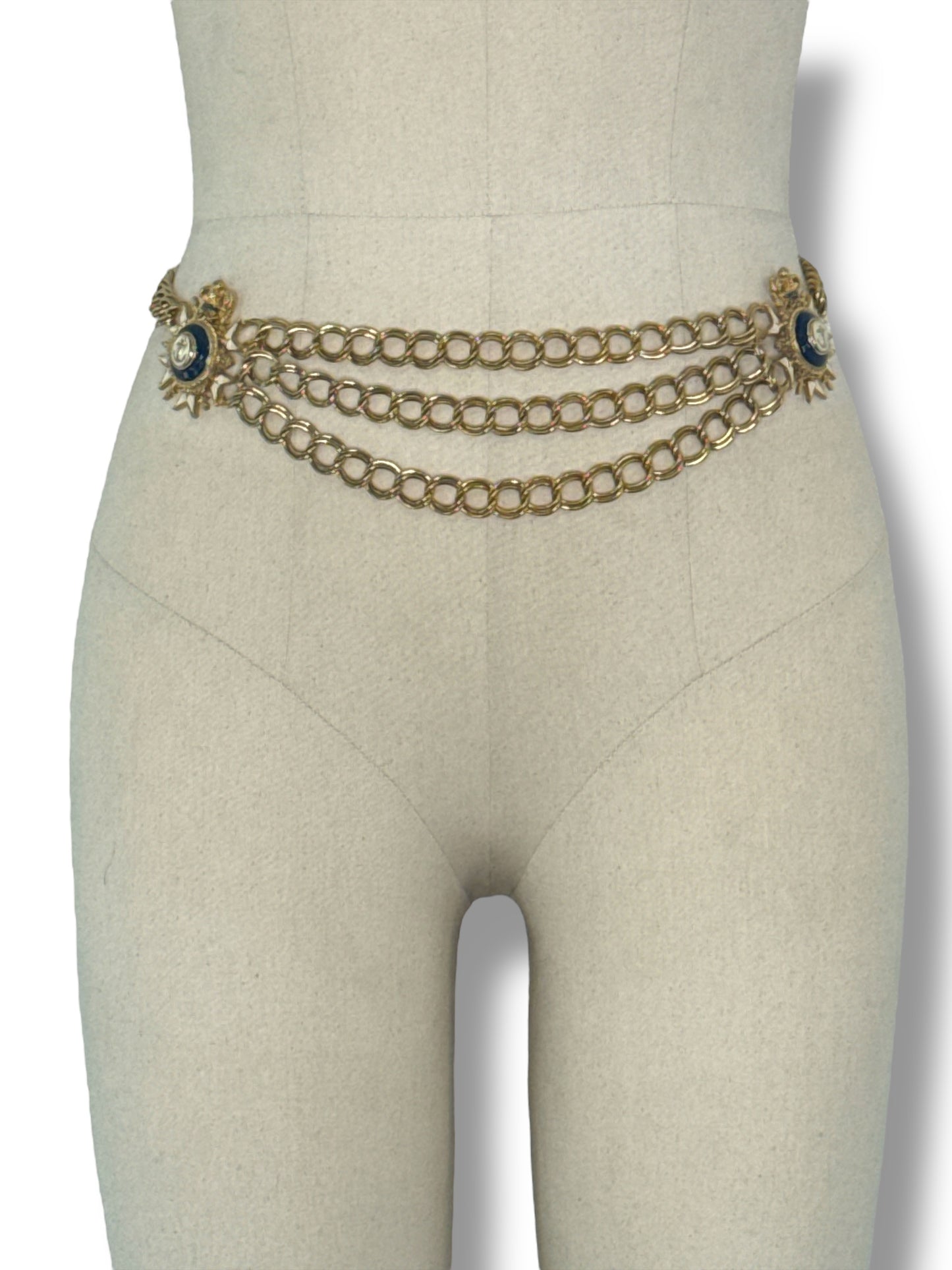 Vintage Gold Chain Belt with Medallion Clasps – Regal Sunburst & Cameo Detail
