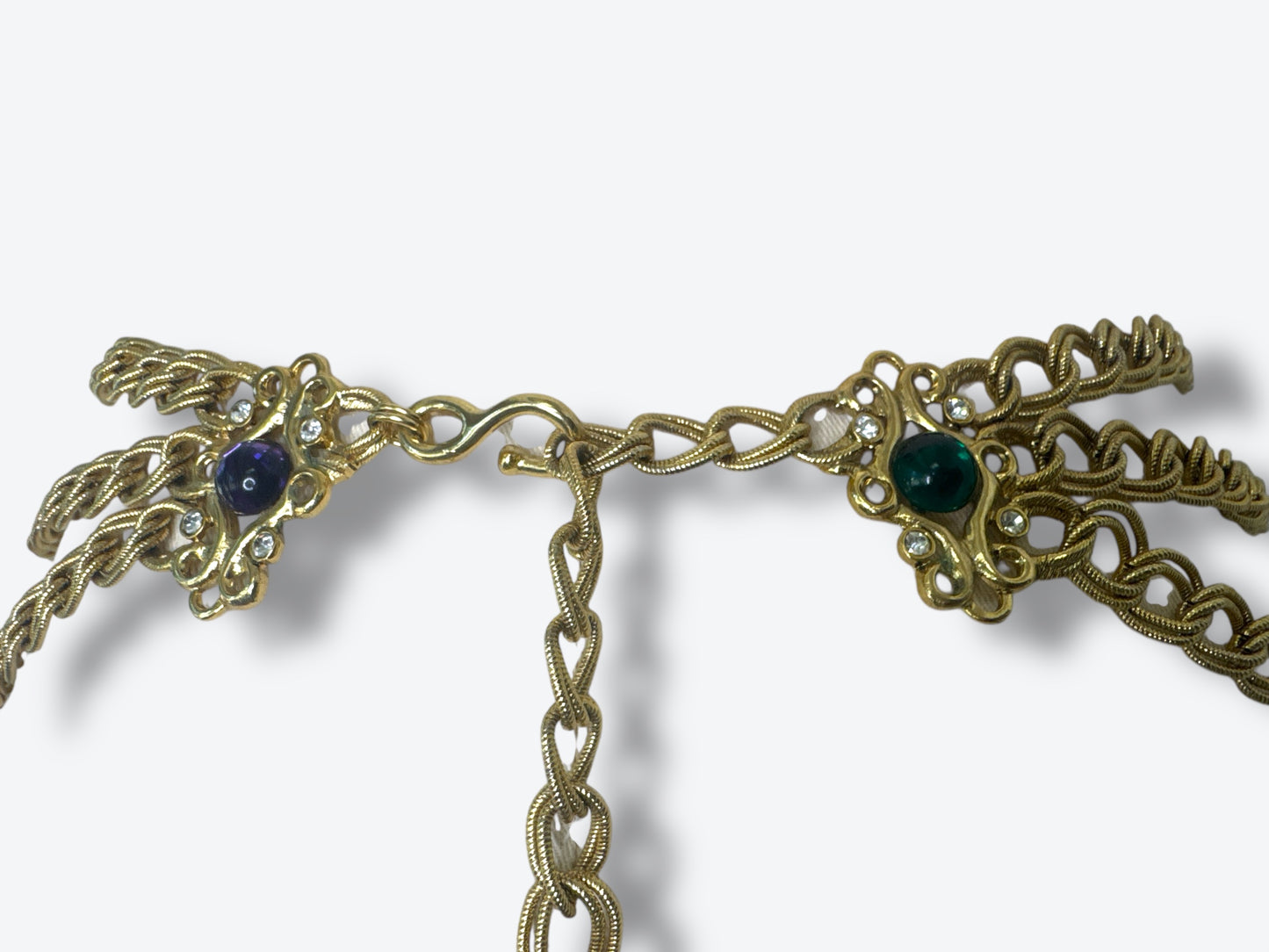 Vintage Gold Chain Belt with Emerald Cabochon Medallions – Triple Drape Statement Design