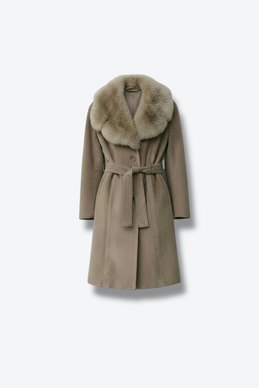 1970s Tan Suede Belted Coat with Oversized Fur Collar