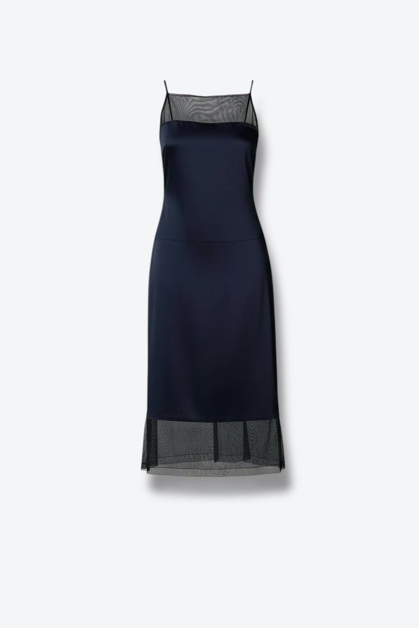 Chanel 1999P Navy Satin & Sheer Mesh Slip Dress – FR 36