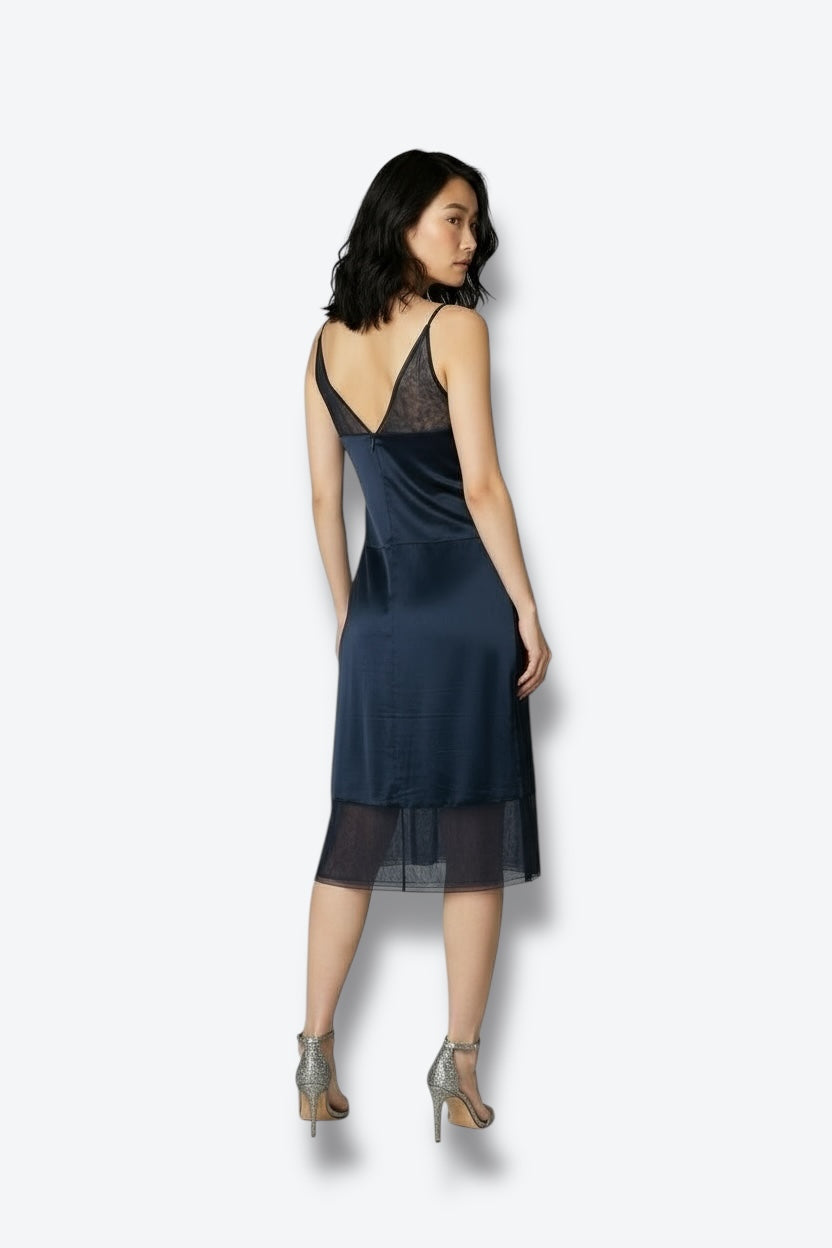 Chanel 1999P Navy Satin & Sheer Mesh Slip Dress – FR 36