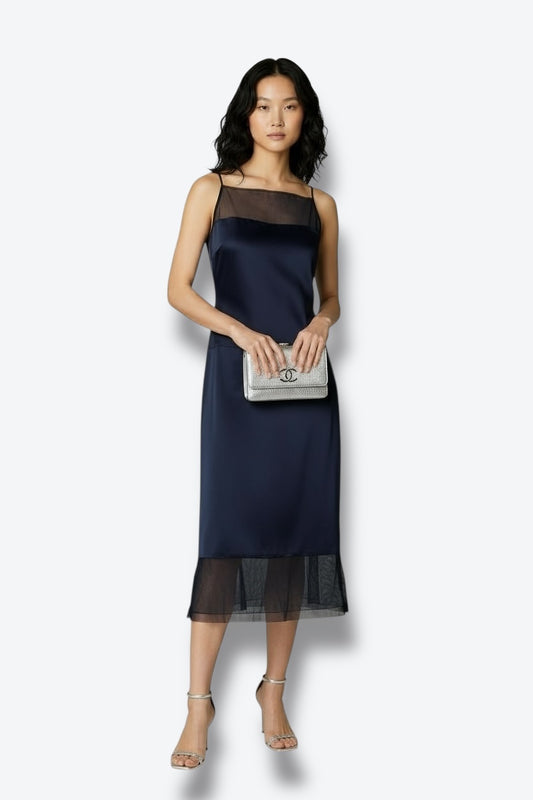 Chanel 1999P Navy Satin & Sheer Mesh Slip Dress – FR 36