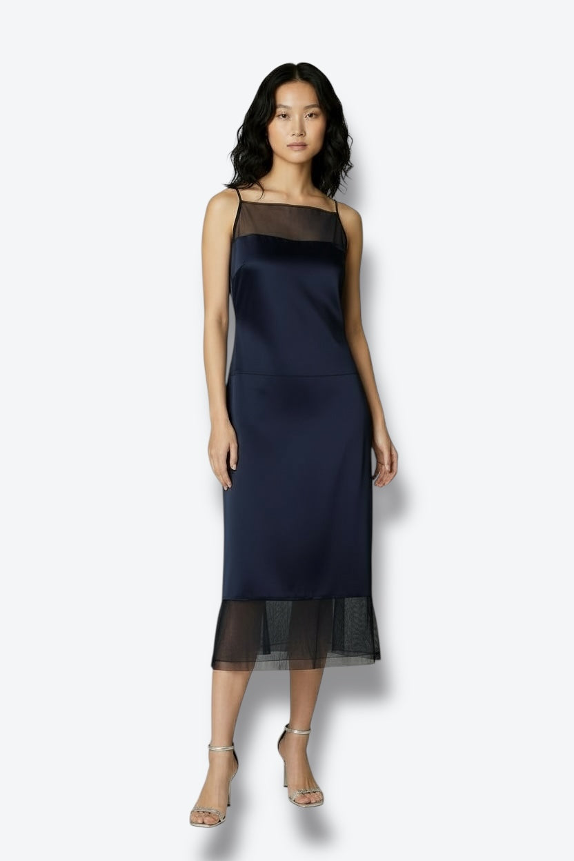 Chanel 1999P Navy Satin & Sheer Mesh Slip Dress – FR 36