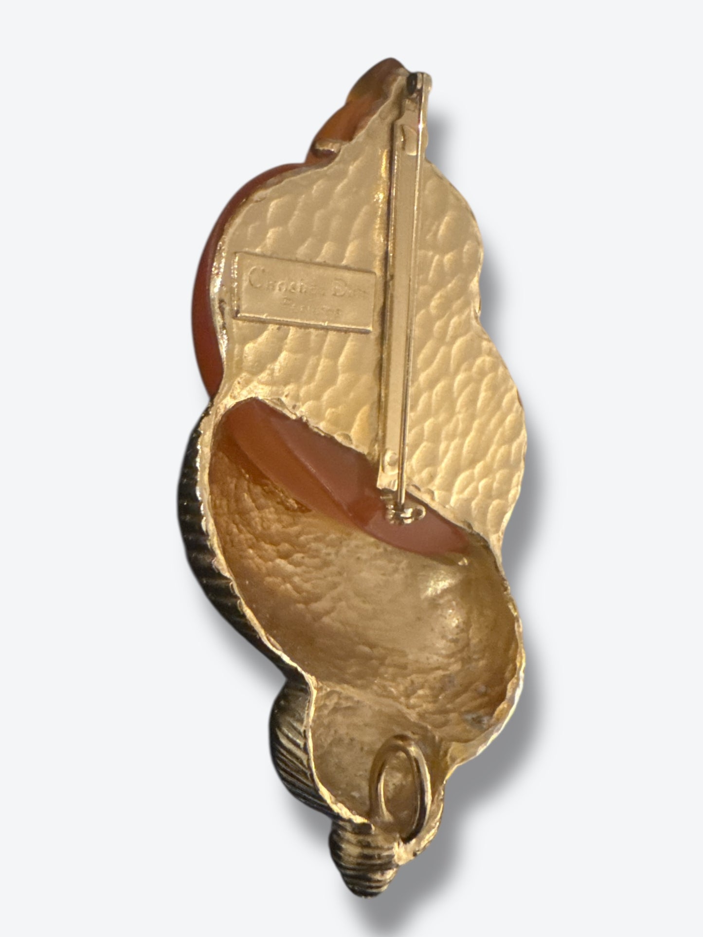 3” 1980s Christian Dior Shell Brooch in Gold & Amber Lucite
