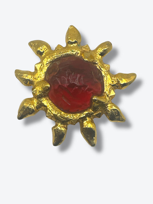 1980s Gilded Sunburst Brooch with Ruby Glass Center