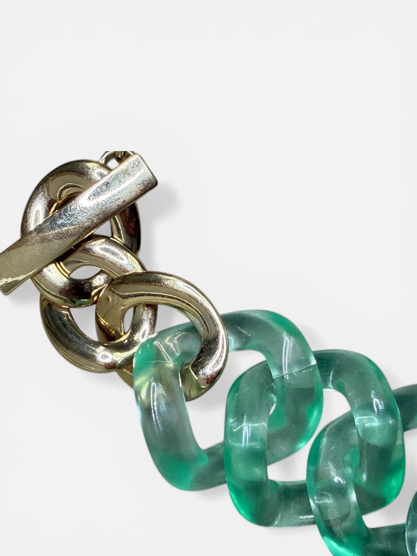 Vintage Emerald Lucite Chain Statement Necklace with Gold Clasp