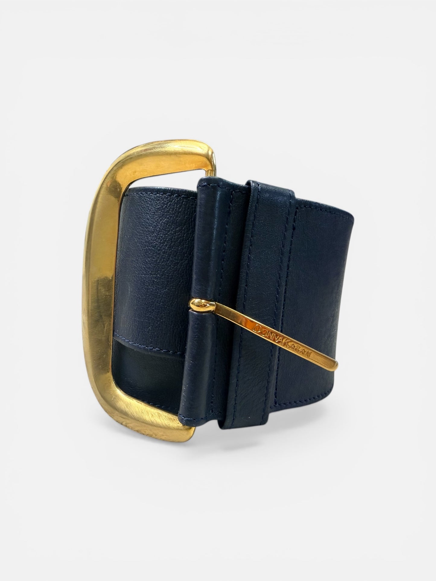 Vintage Donna Karan Navy Obi Leather Wide Waist Belt with Gold Buckle