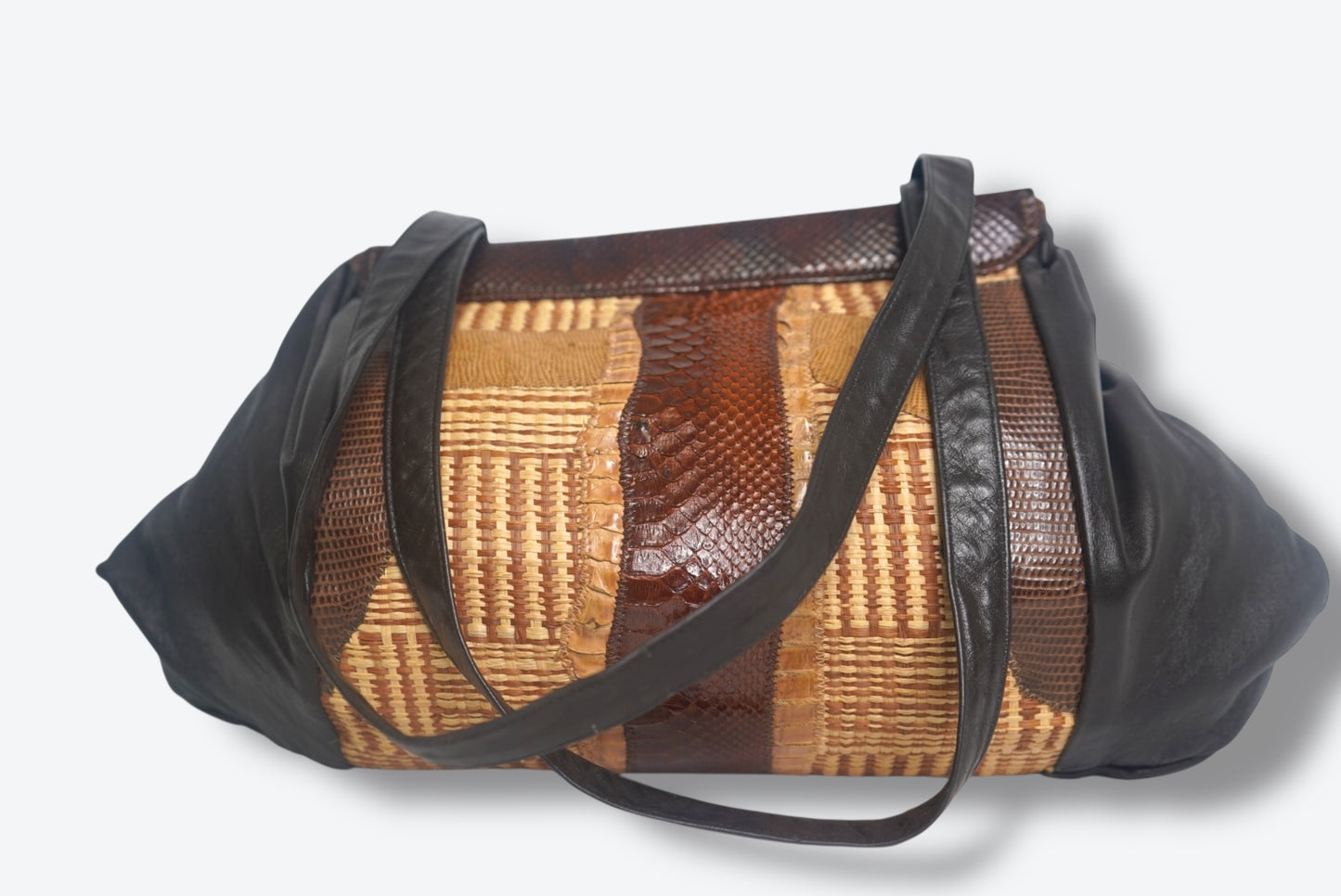 1970s Snakeskin /Raffia Mixed Media Leather Shoulder Bag