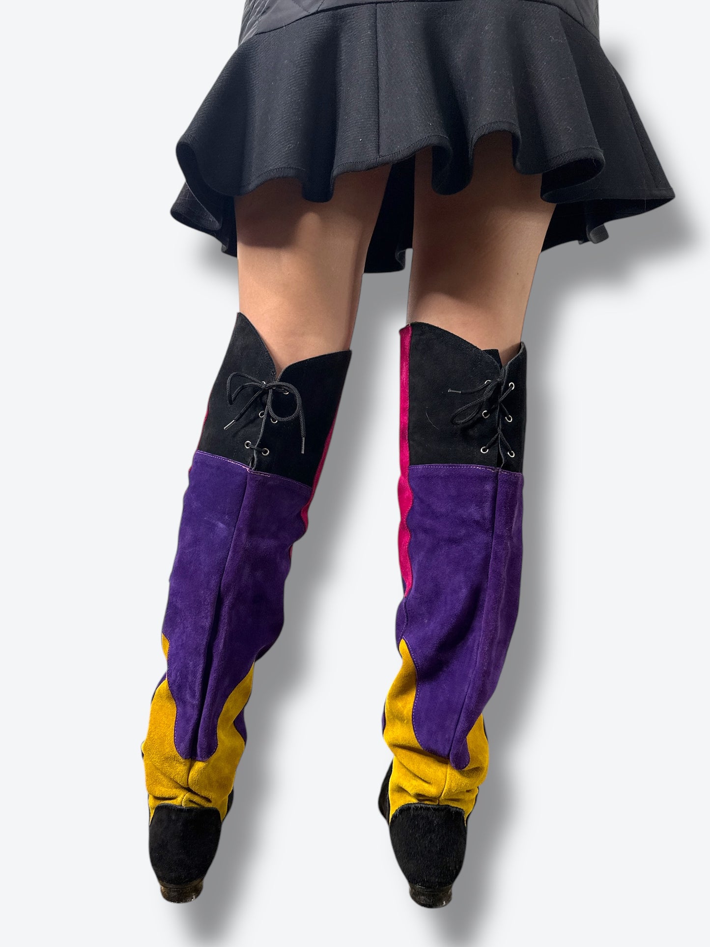 1980s Multi Colored Suede Knee High Corset Booties
