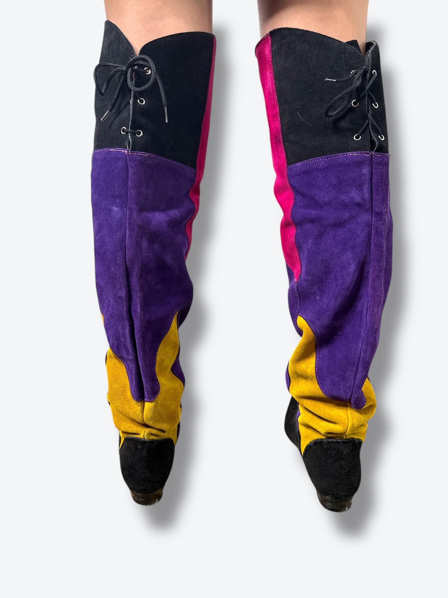 1980s Multi Colored Suede Knee High Corset Booties
