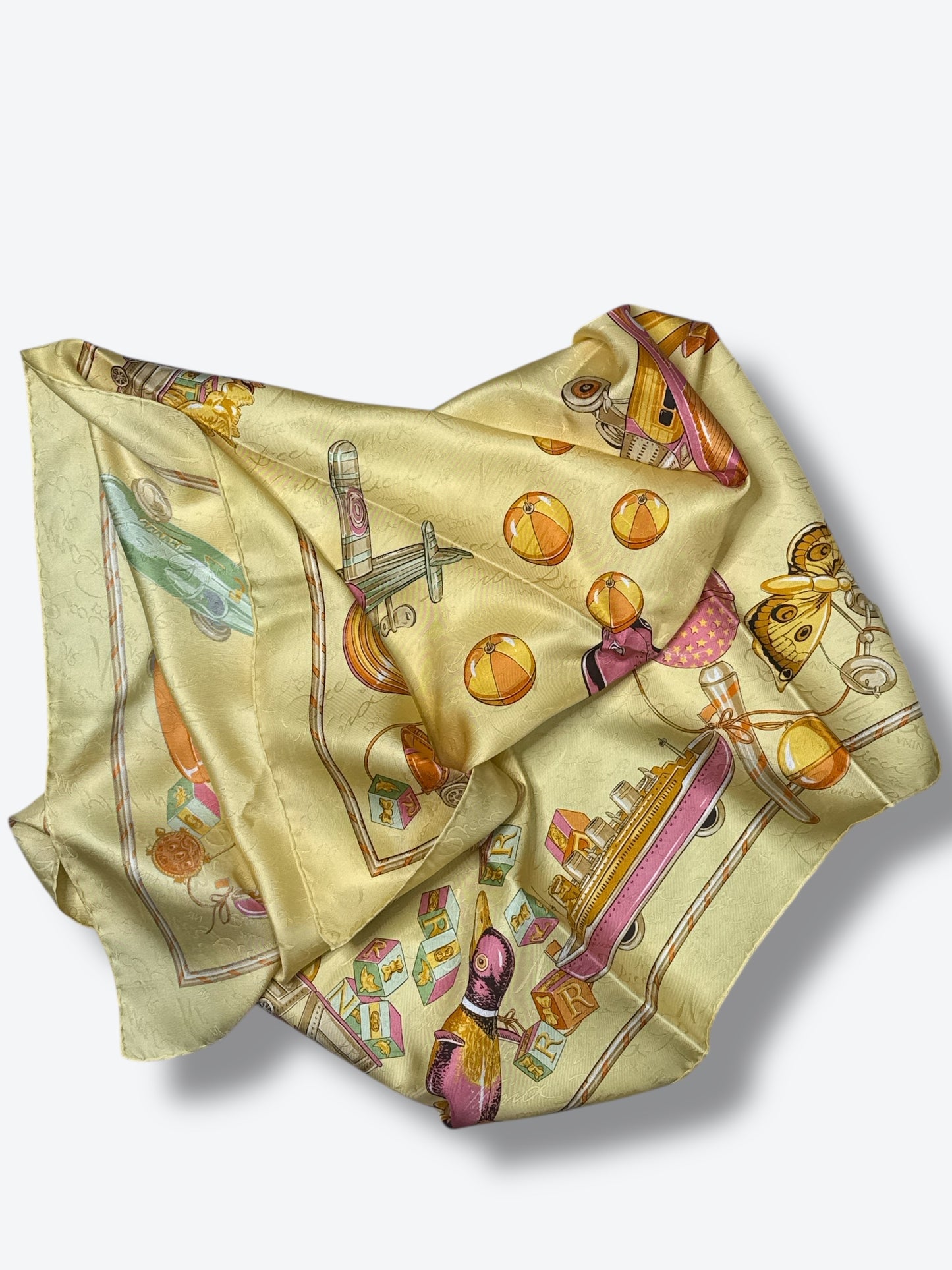 1980s 34” Nina Ricci Paris “Jouets” Toys & Trains Aviation Print Scarf