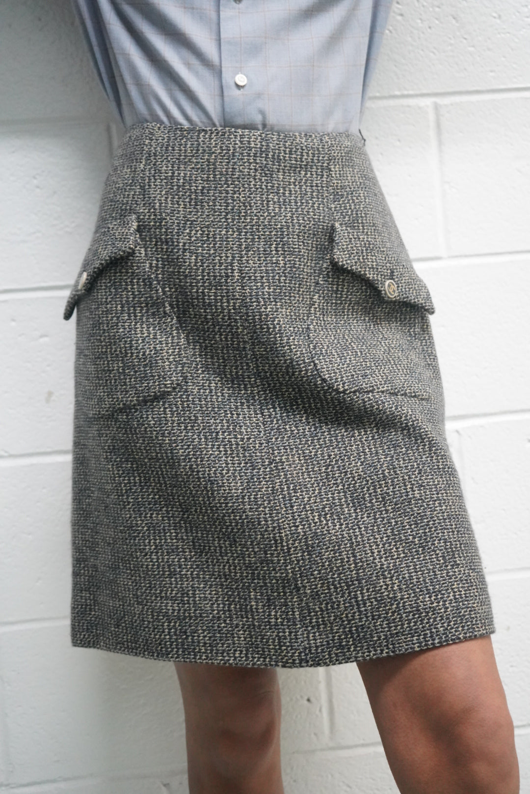 1990s Chanel Blue + Creme Tweed Knee Length Skirt