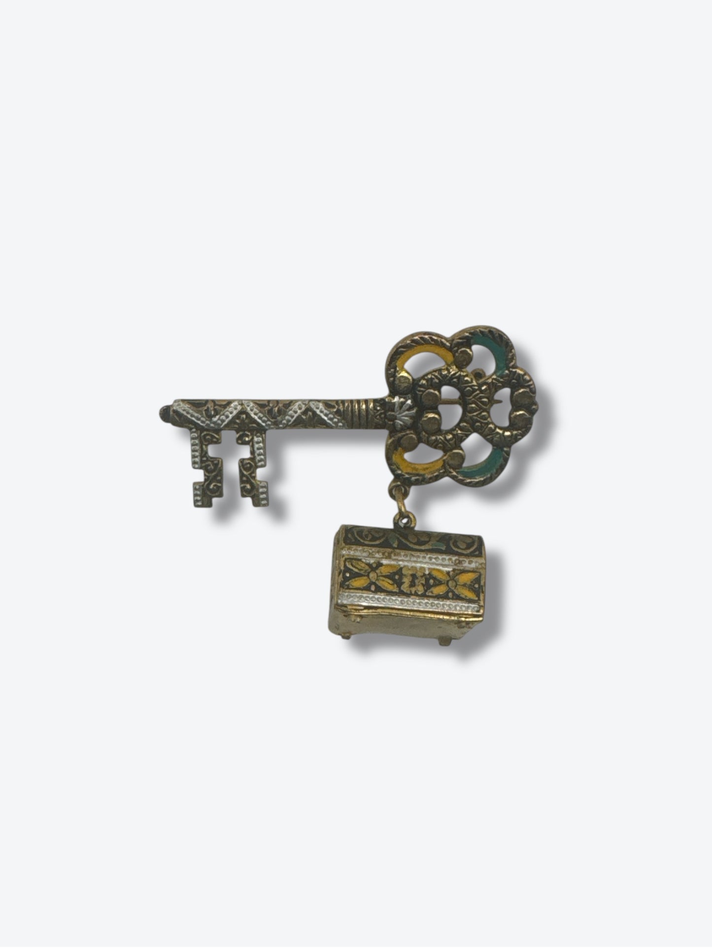 1950s Italian Micro Mosaic Key and Treasure Chest Brooch