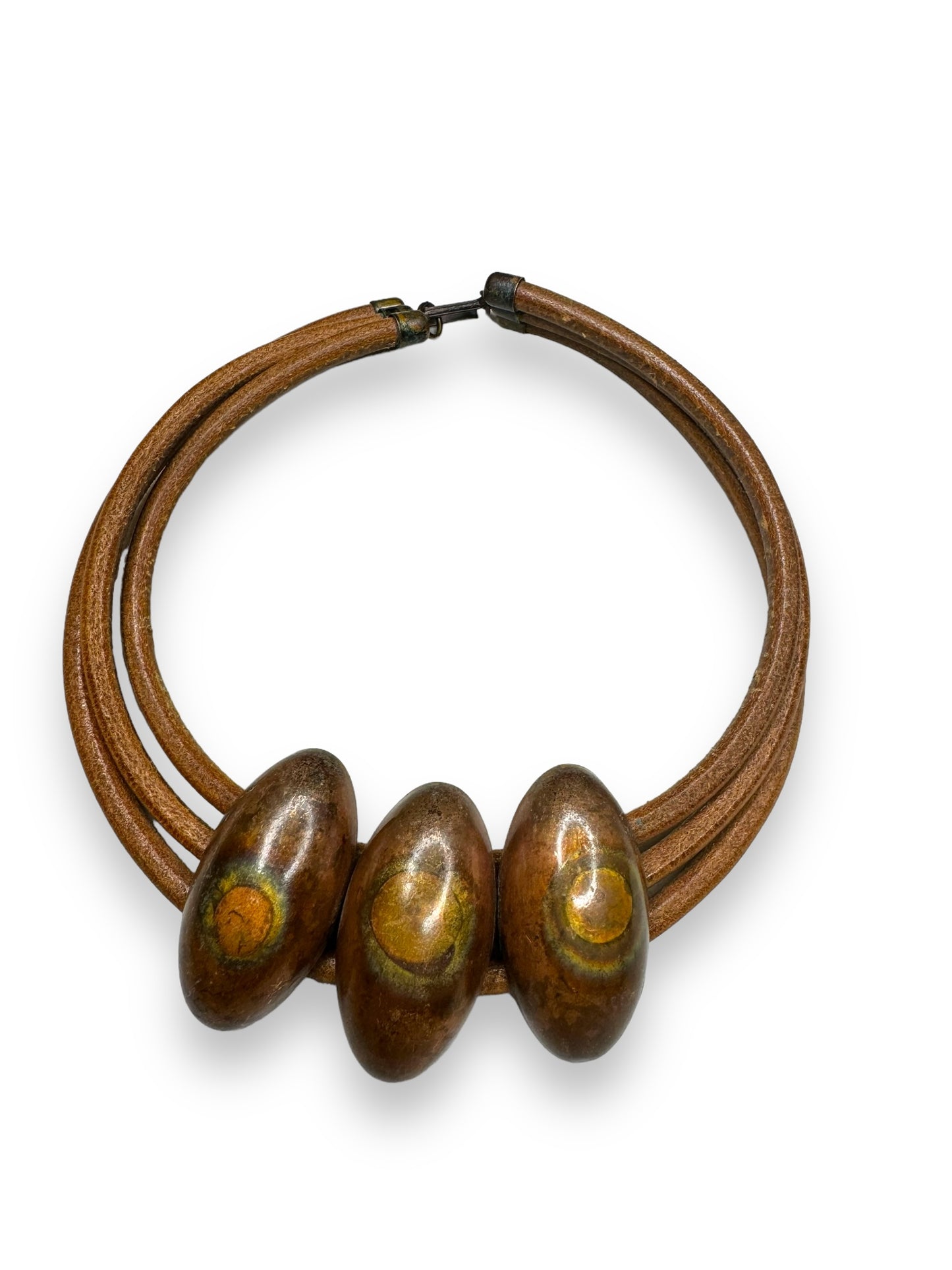 Vintage Brown Leather Enamel and Tribal Chocker