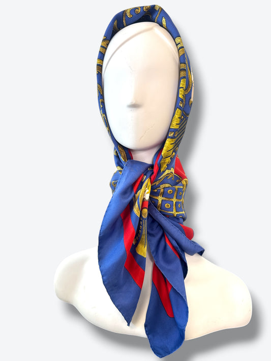 1970s 35” x 35” Hermès Paris Vintage Silk Scarf “Cheval Turc” – Red/Blue/Gold