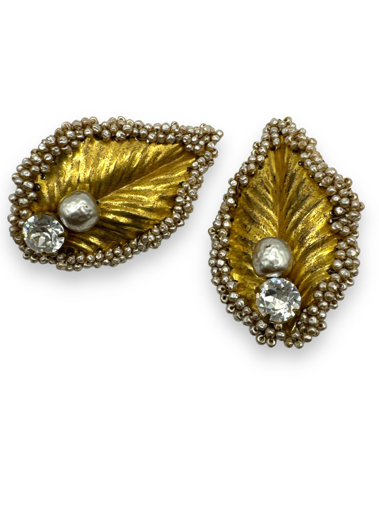 1980s Miram Haskell Gold and Sea Bead Clip On Leaf Earrings