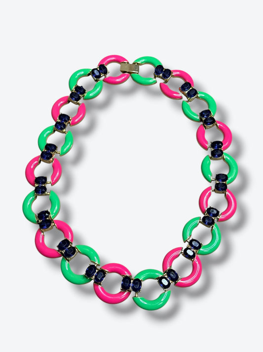 Vintage Neon Link Necklace with Sapphire Rhinestone Accents