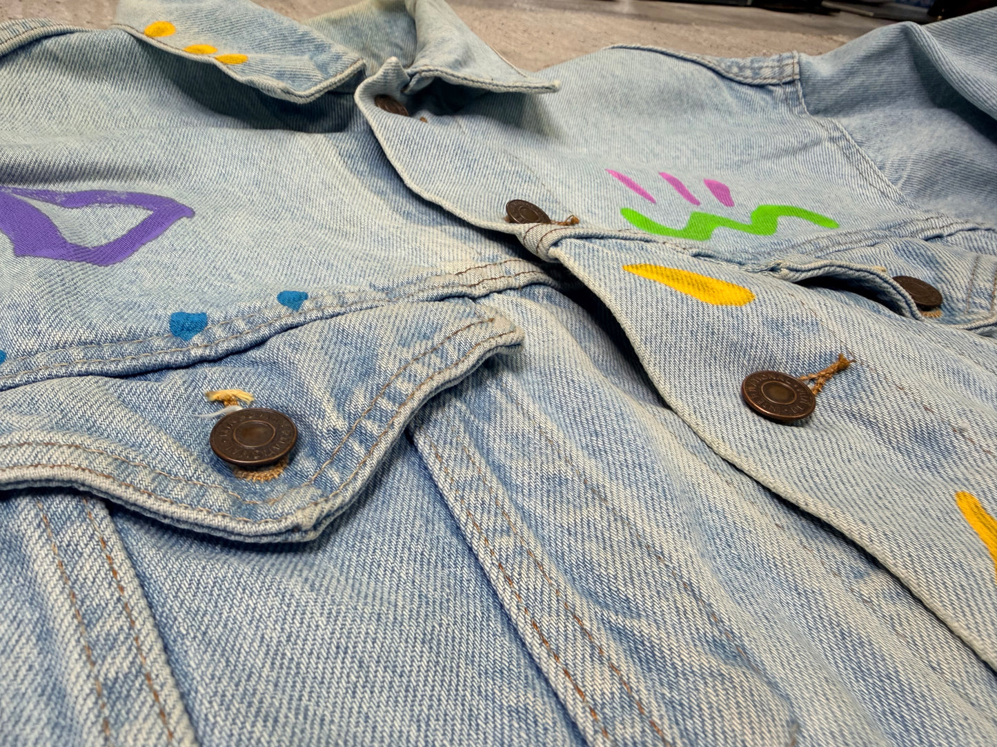 1980/90s Upcycled Hand-Painted Denim Jacket – “Sun Face” Statement Piece