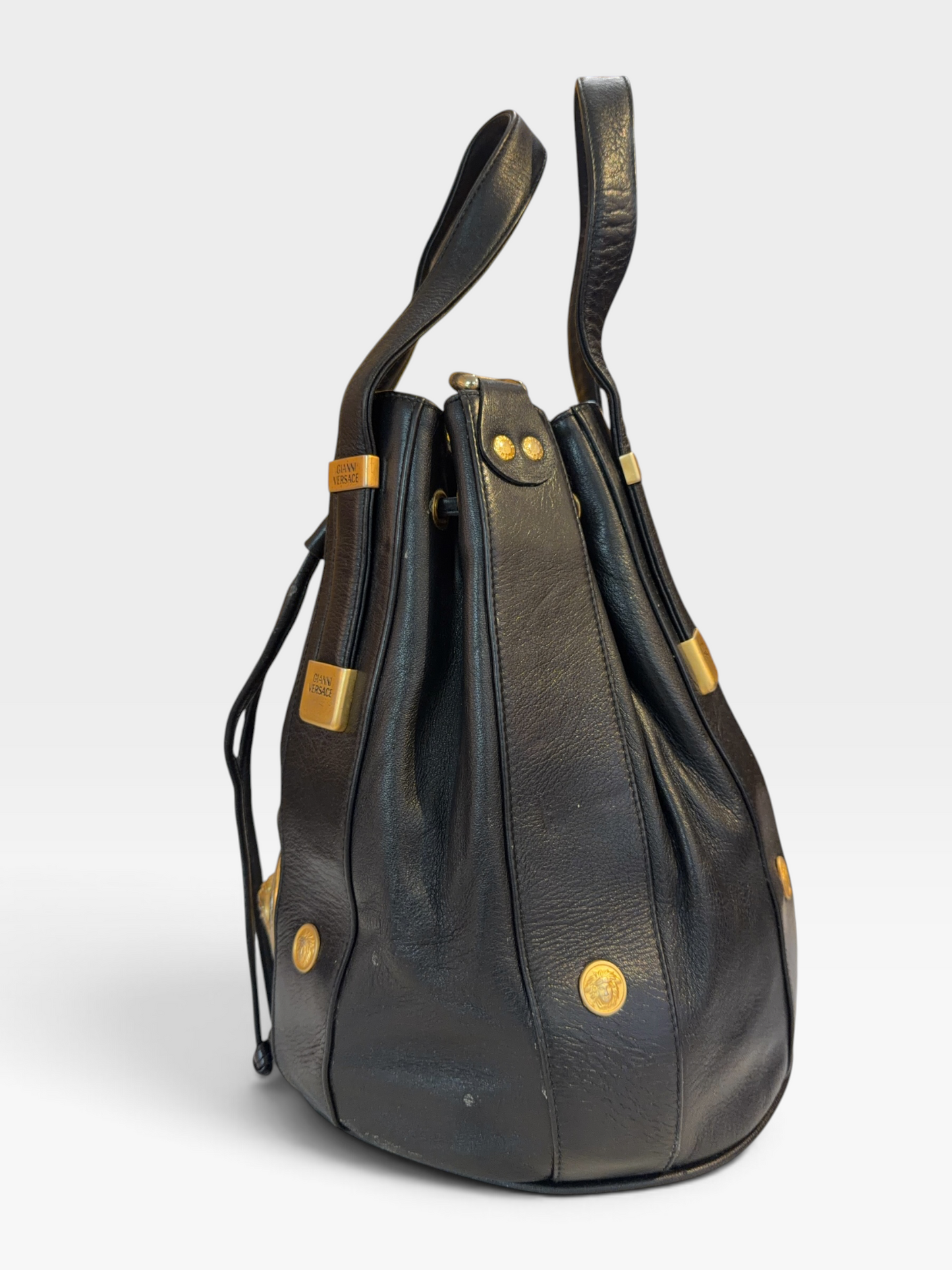 1990s Gianni Versace Medusa Leather Bucket Bag