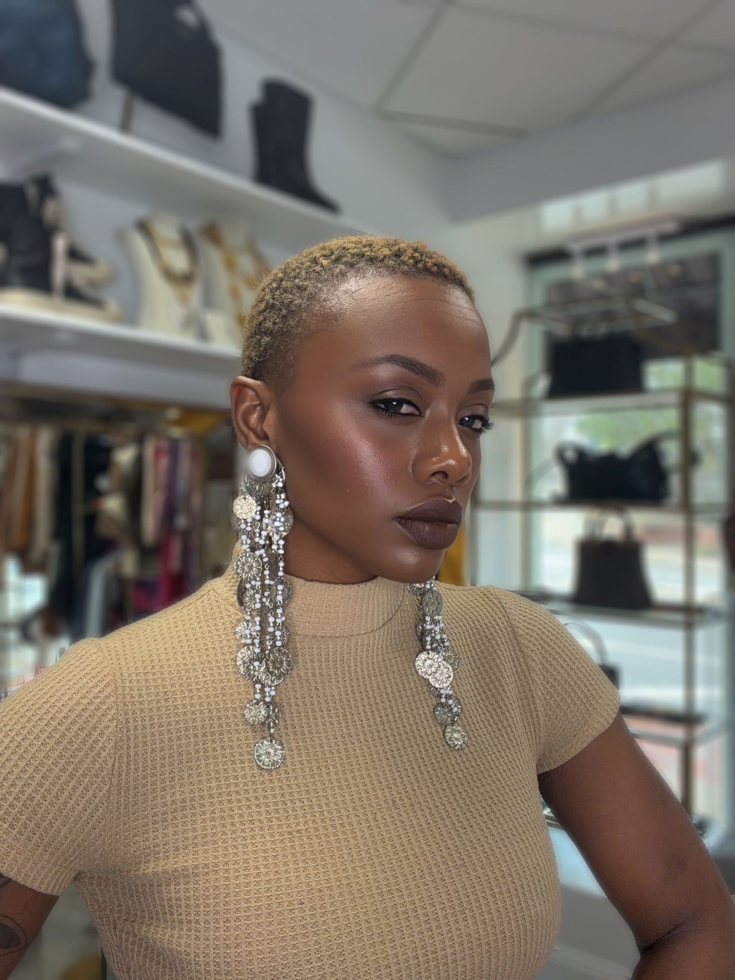 1970s/80s Sliver + White Unsigned Hippie Earrings (Clip On)