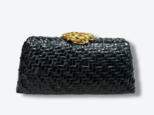 1980s  “Rodo” Black Wicker Clutch with Gold Clasp.