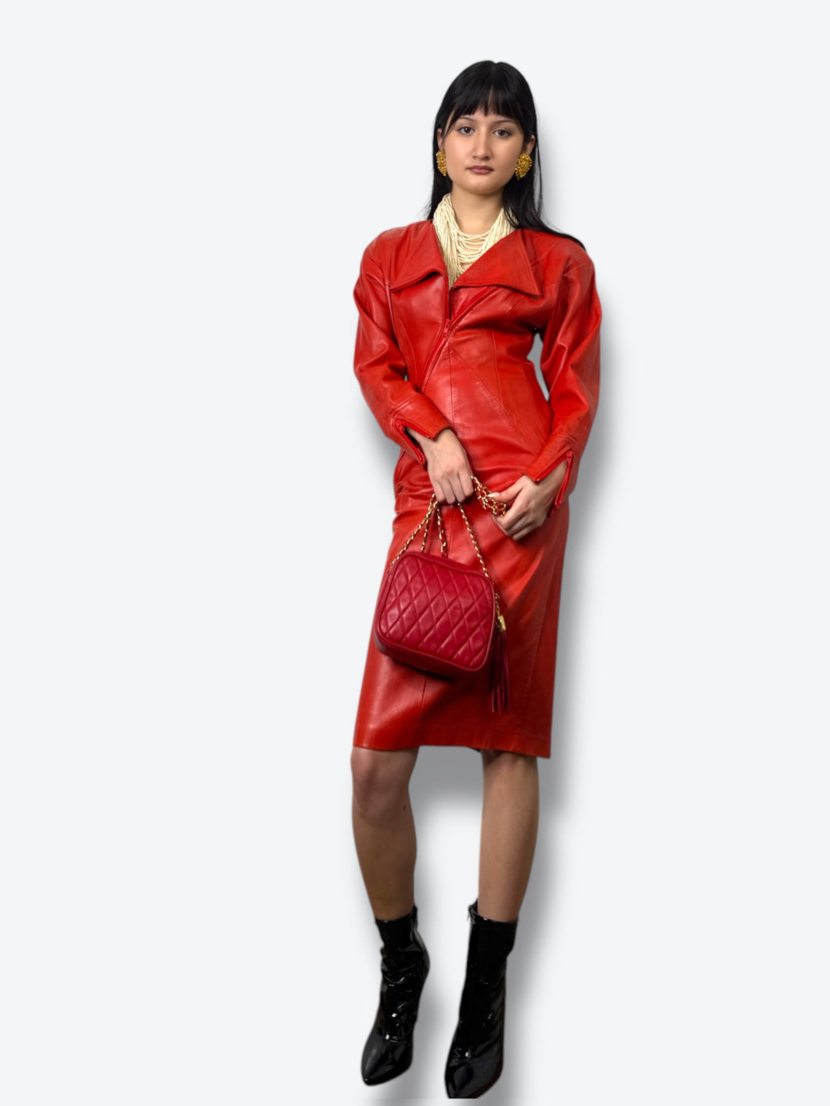 long sleeve red leather dress 1980s Jack Gaby Asymmetrical – Kameo Vintage Color:Black and Chrome and Silver Small Compact Spaces ASOS DESIGN satin halter this button