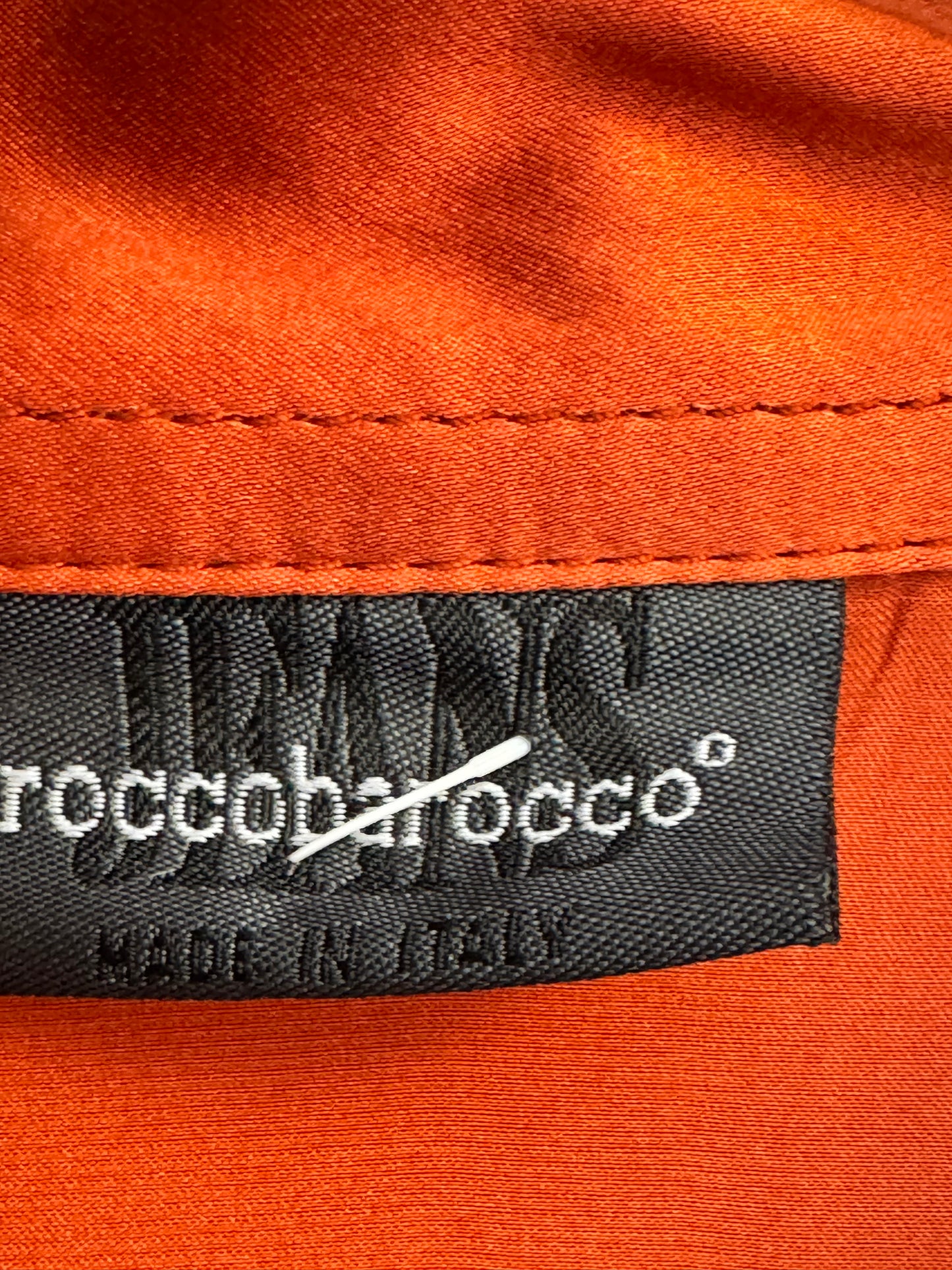 Y2K “RoccoBarocco Jeans” Orange Silk + Crystal Top