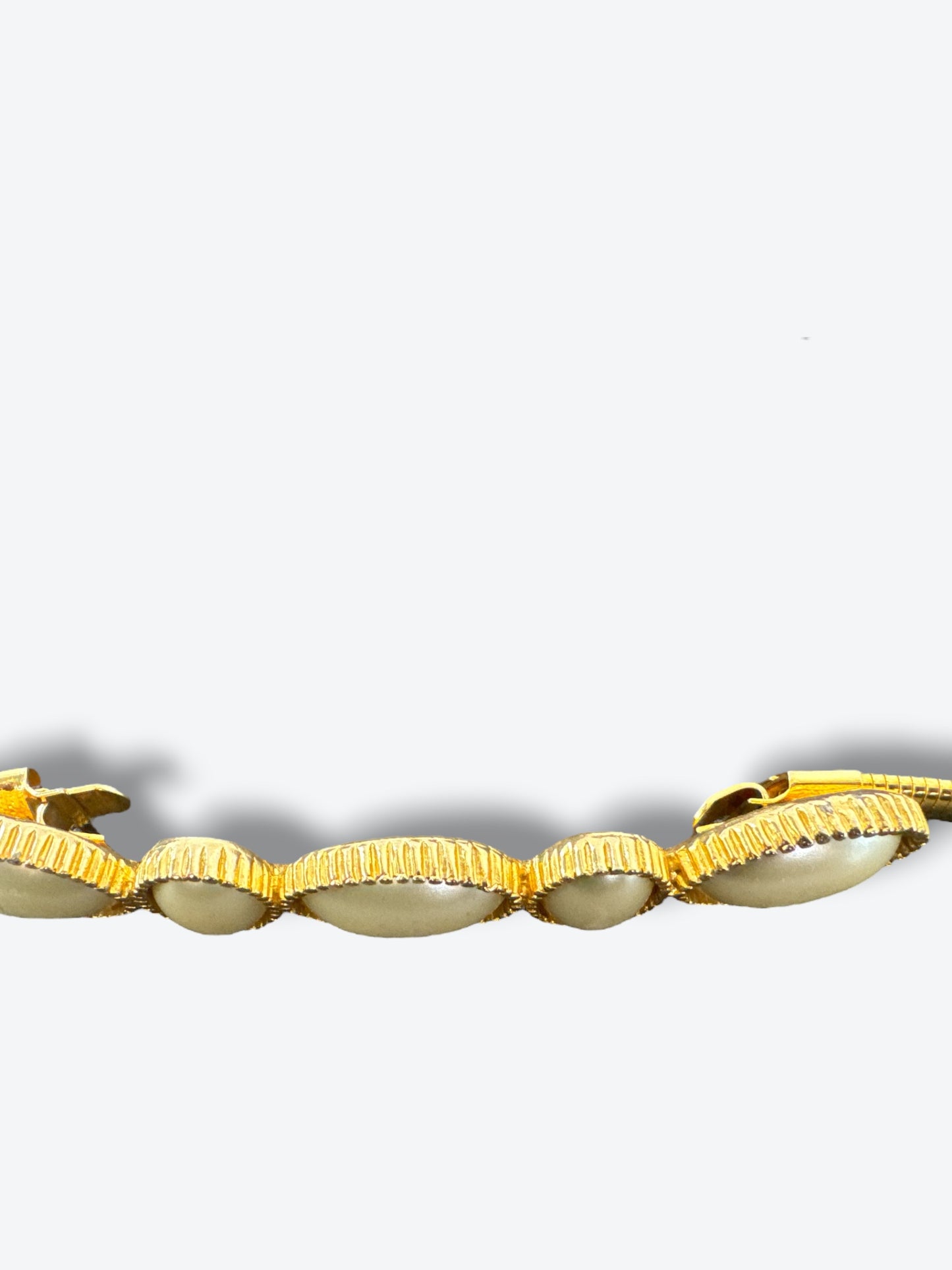 1980s Accessocraft NYC Gold-Tone Snake Chain Belt with Faux Pearl Cabochons
