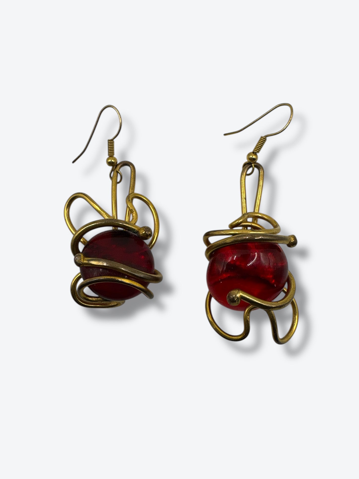 1980s Artisan Red Orb Wire Sculpted Earrings