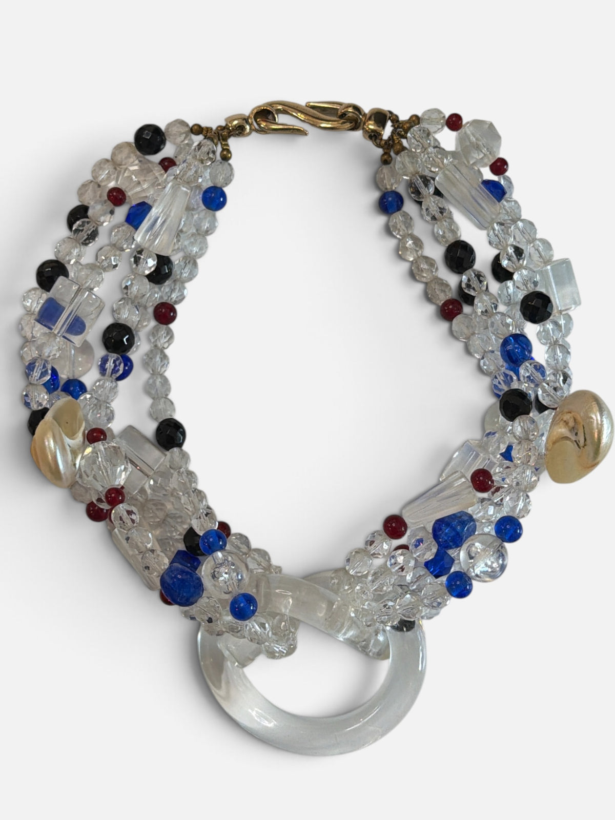 Vintage Multistrand Beaded Statement Necklace with Clear Ring Pendant