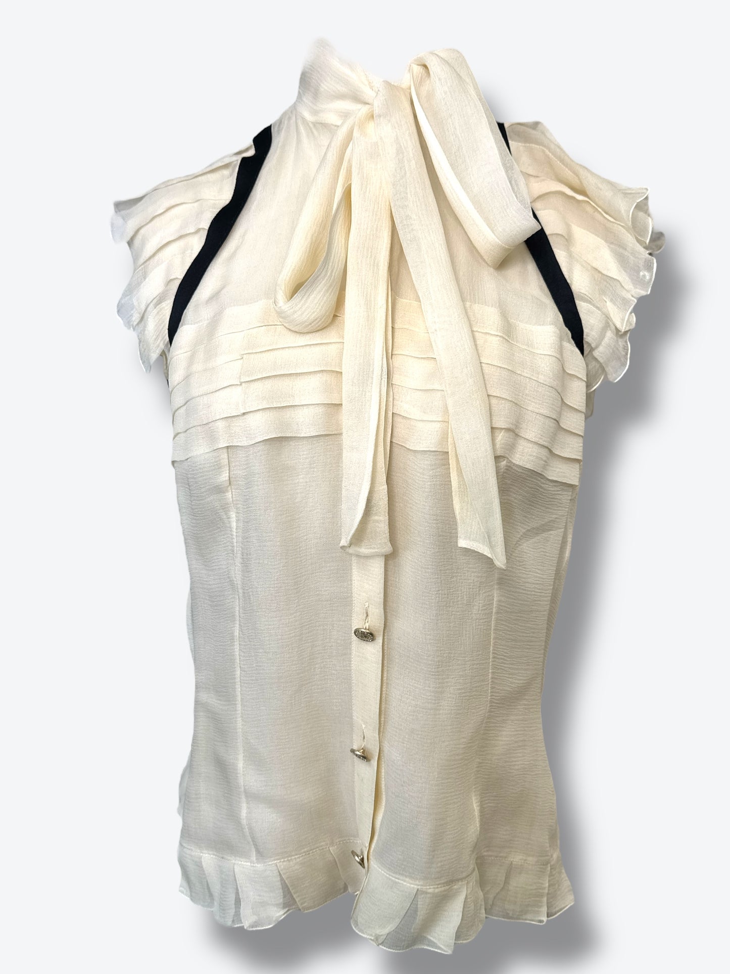 Y2K Chanel Silk Crystal CC Button Black and White Sash Top