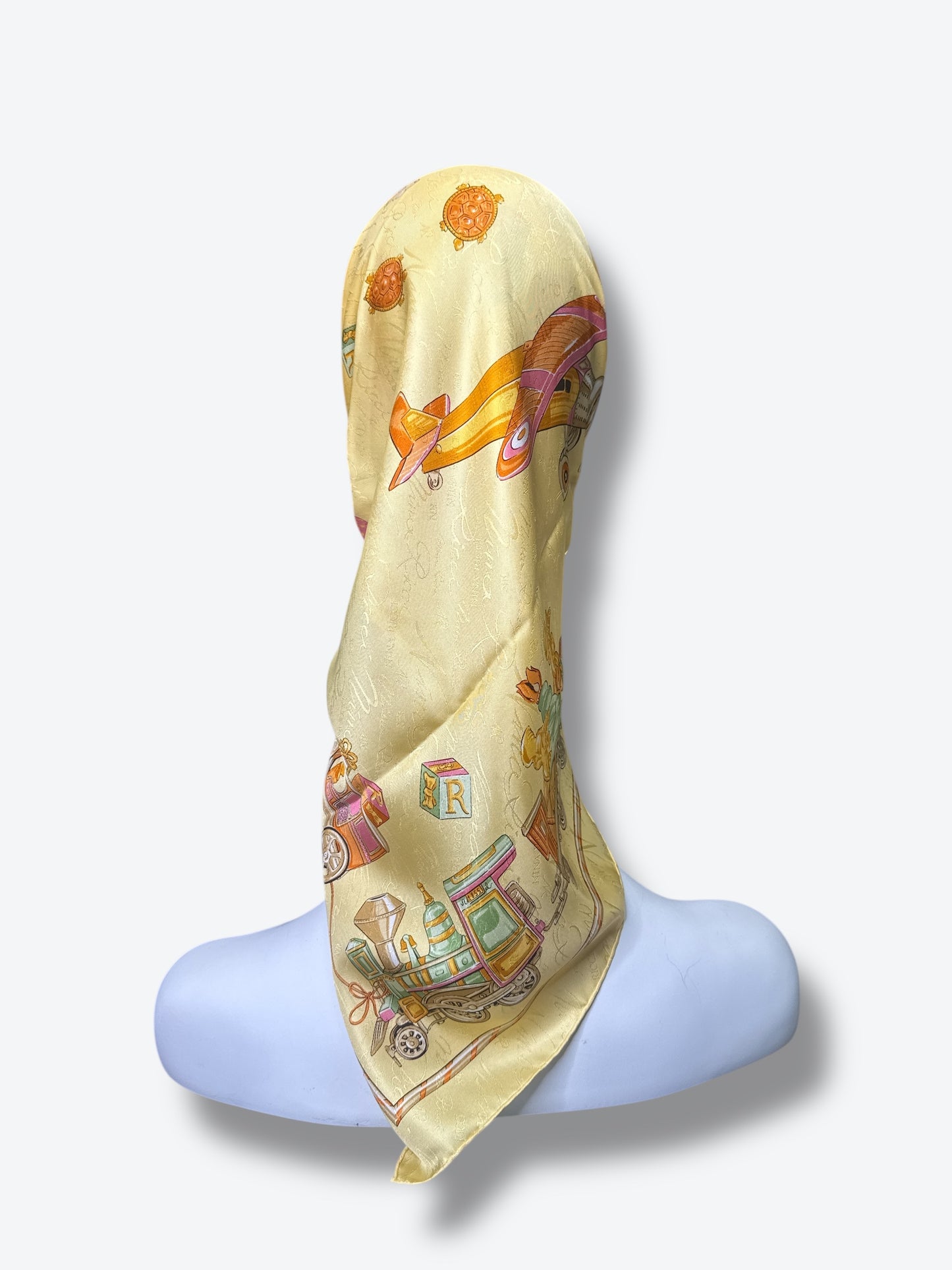 1980s 34” Nina Ricci Paris “Jouets” Toys & Trains Aviation Print Scarf