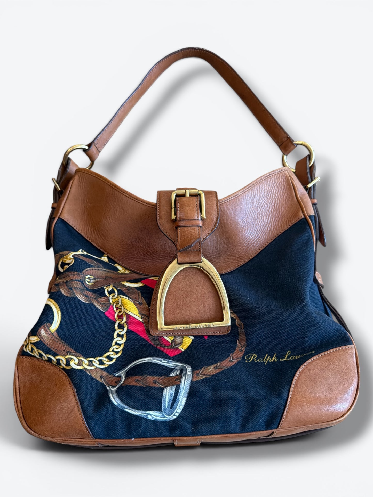 Y2K Ralph Lauren Stirrup Collection Equestrian Canvas & Leather Hobo Shoulder Bag