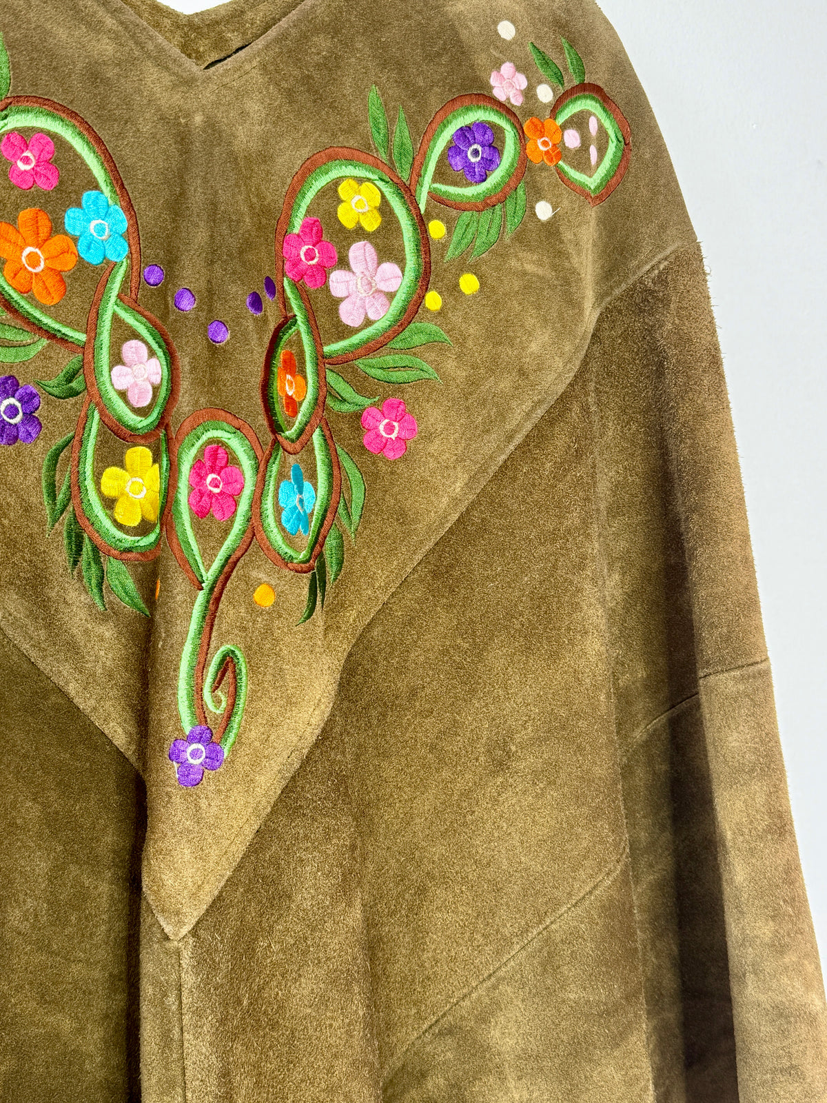 1970s Green Suede Floral Poncho