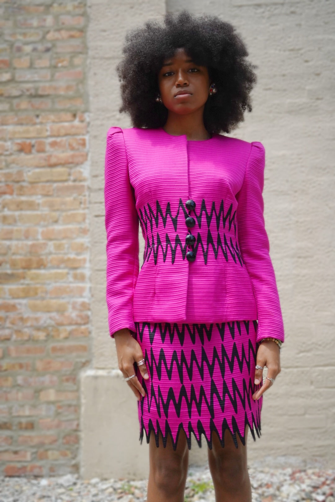 1990s Patricia Rhodes Hot Pink Zig Zag Suit