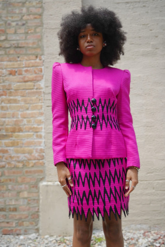 1990s Patricia Rhodes Hot Pink Zig Zag Suit