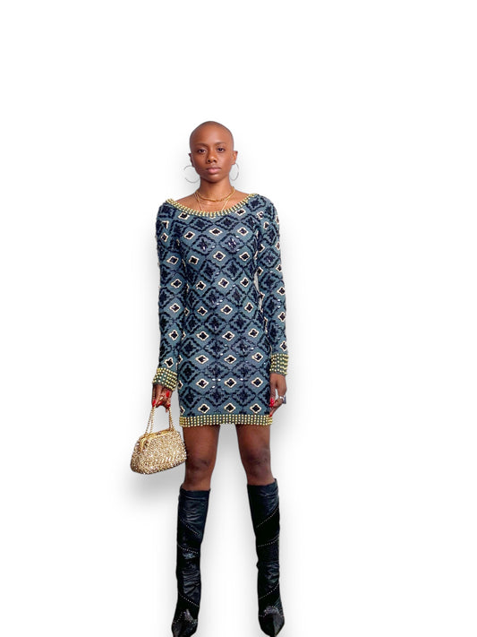 Opening Ceremony Teal Beaded + Embroidered Mini Dress