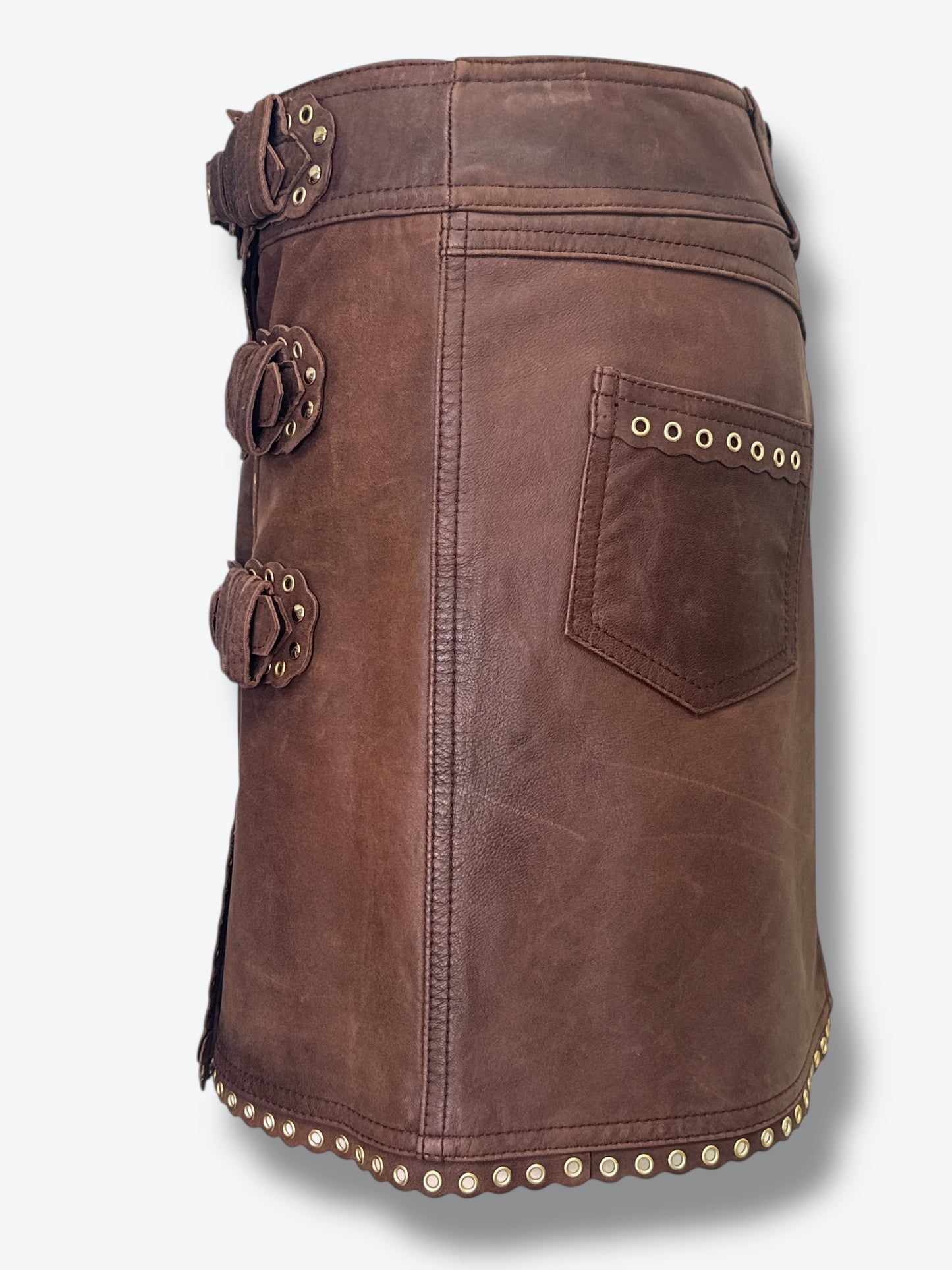 #19. Y2K Moschino Brown Leather Grommet Buckle Mini Skirt