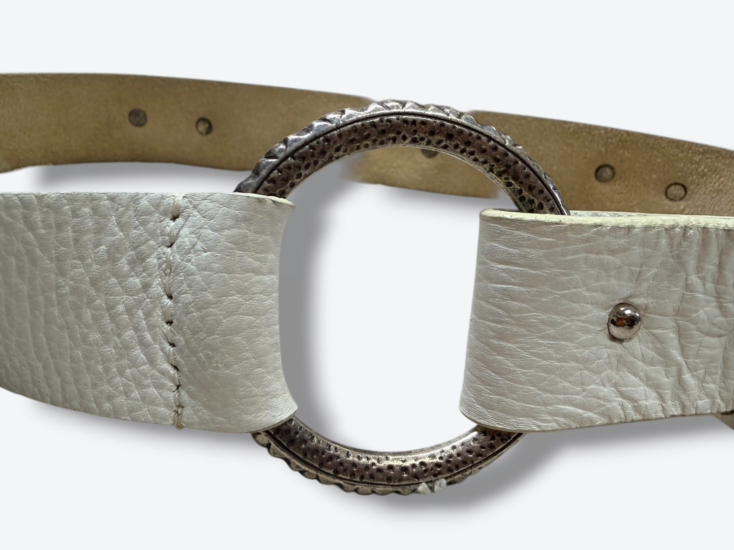 Vintage White Leather Belt with Silver Concho & Ring Hardware