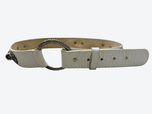 Vintage White Leather Belt with Silver Concho & Ring Hardware