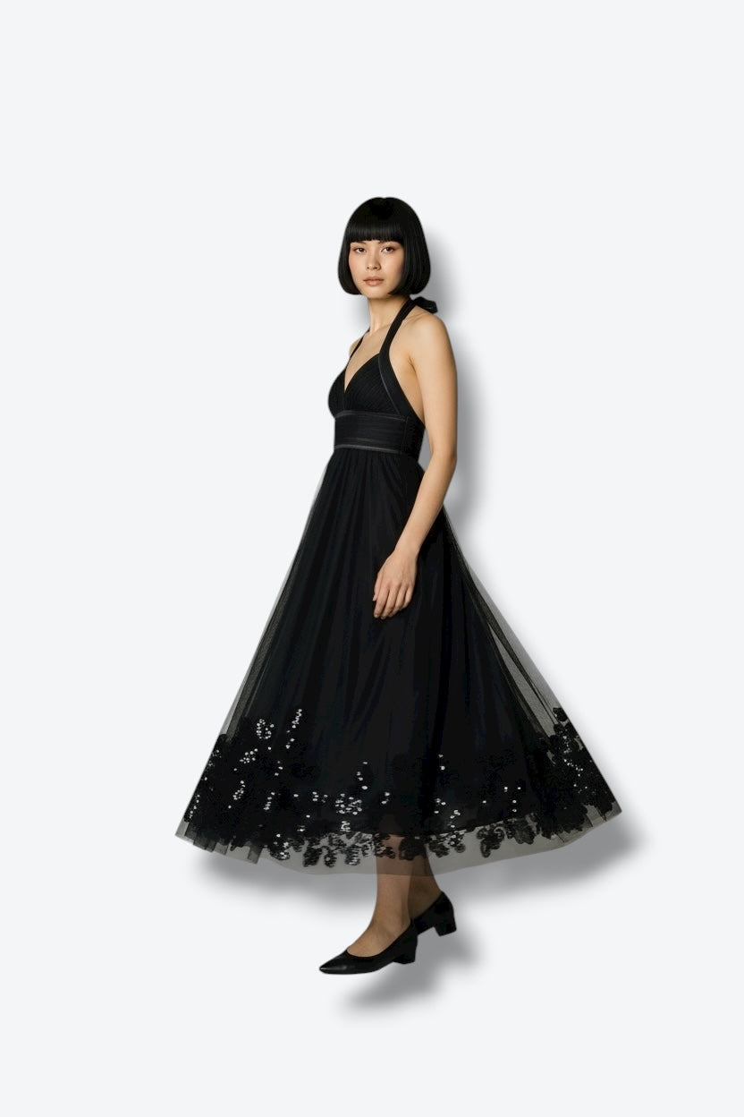 Y2K BCBG Sequin and Tulle Halter Dress