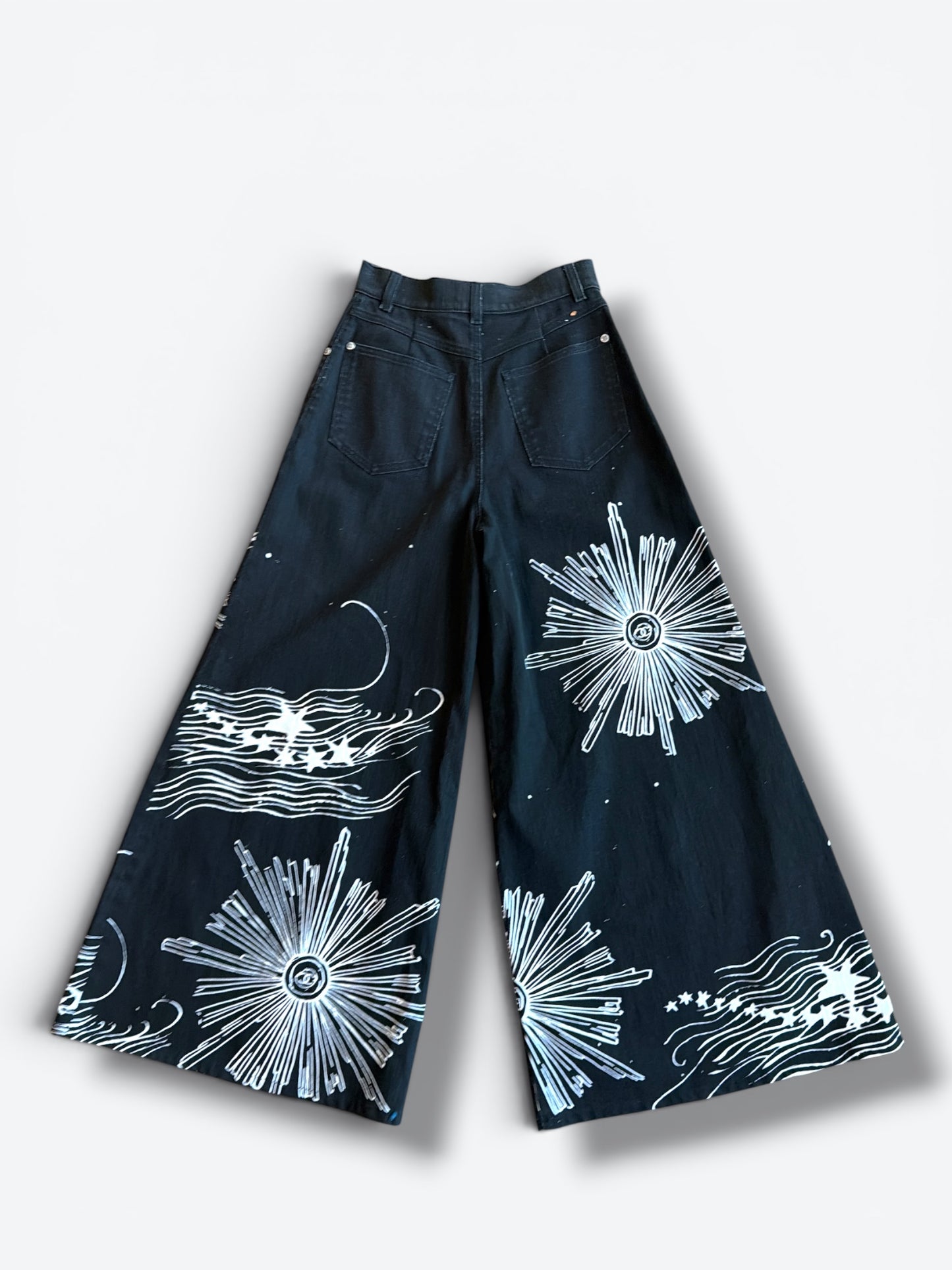 CHANEL Graphic Wide-Leg Denim Culotte Jeans | CC Celestial Print | Karl Lagerfeld Era