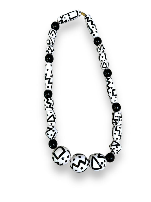 1990s Black and White Doodle Ball Wooden Necklace